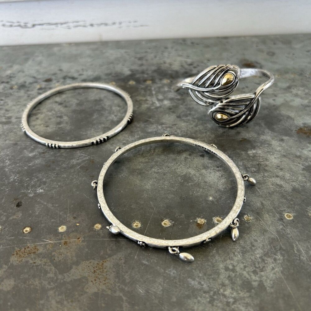 Lot Of 3 Lucky Brand Cuff Bracelets Bangle Silver Toned Slip On Nature Boho Y2K